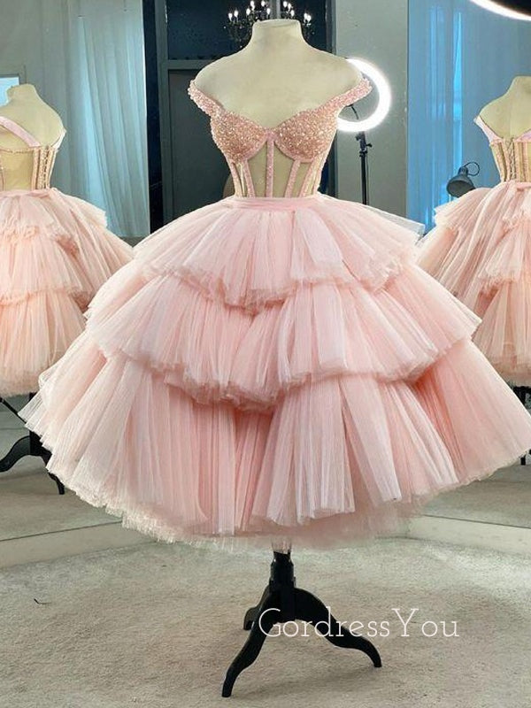 Pink Tulle Beaded A-line Spaghetti Straps Short Homecoming Dresses, HM1104