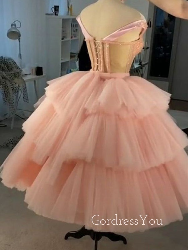 Pink Tulle Beaded A-line Spaghetti Straps Short Homecoming Dresses, HM1104