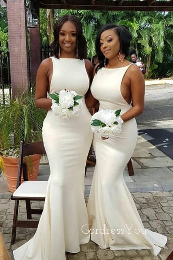 Mermaid White Long Bateau Custom Bridesmaid Dresses , BN1157