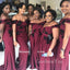 off Shoulder Burgundy Mermaid Appliques Long Custom Bridesmaid Dresses , BN1159