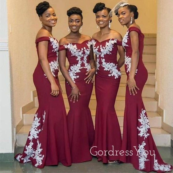 Appliques Off Shoulder Dark Red Long Mermaid Custom Bridesmaid Dresses , BN1160