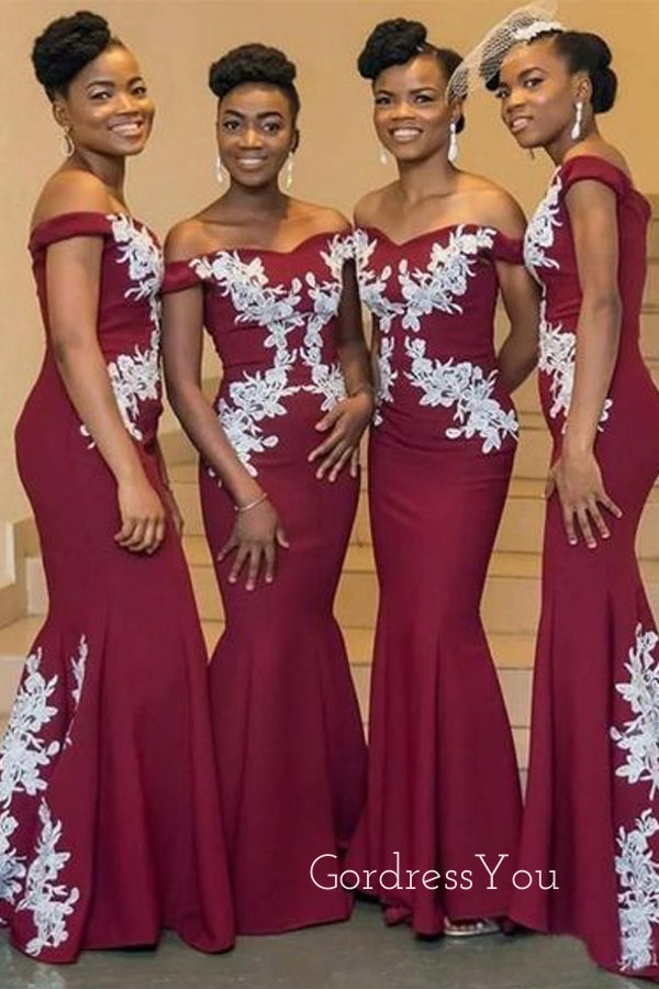 Appliques Off Shoulder Dark Red Long Mermaid Custom Bridesmaid Dresses , BN1160