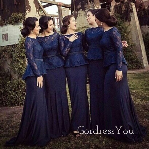 Navy Blue lace Long Sleeves Bateau Long Mermaid Custom Bridesmaid Dresses , BN1163