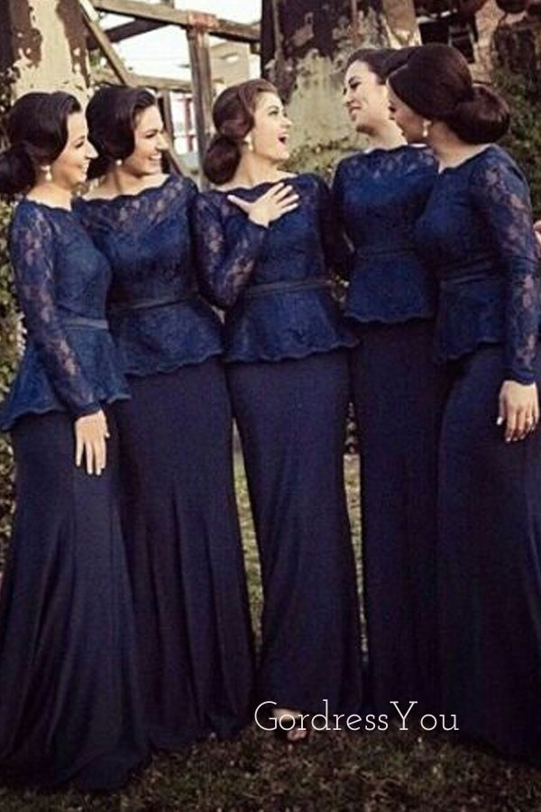 Navy Blue lace Long Sleeves Bateau Long Mermaid Custom Bridesmaid Dresses , BN1163