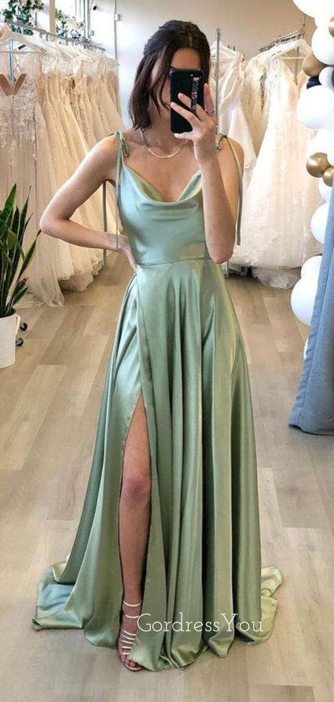 High Split Satin Adjustable Spaghetti Straps Formal Long Prom Dresses, MR7002