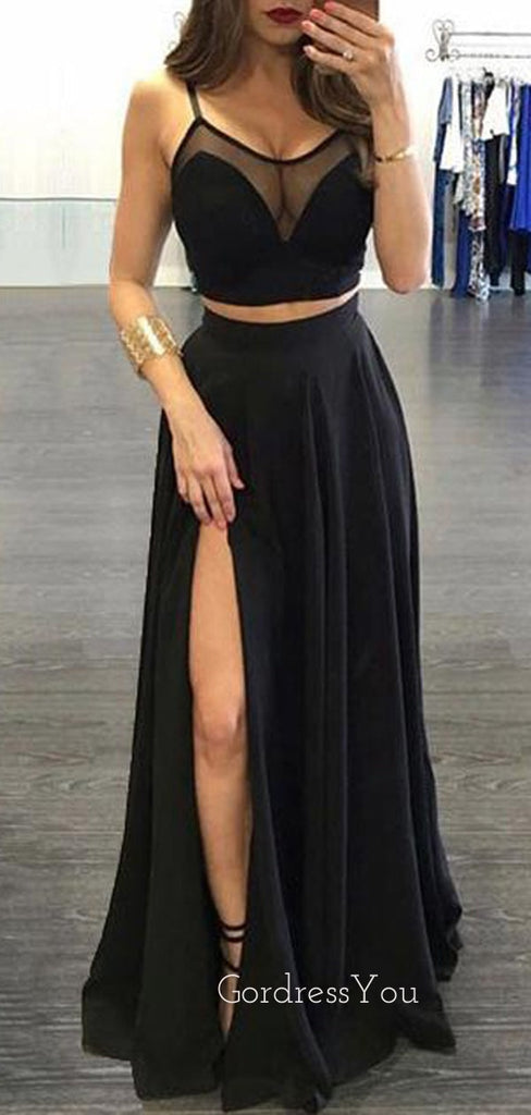 Two Pieces Cheap Black Chiffon Long Evening Prom dresses, MR7023