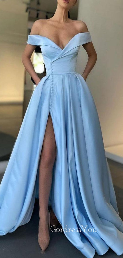 Off-shoulder Custom A-Line Satin Long Evening Prom Dresses, MR7025