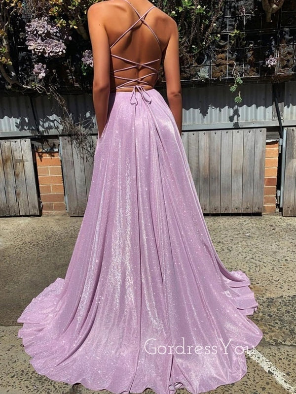 A-line Spaghetti Straps V-neck Lace-up Back Long Evening Prom Dresses, PD0570