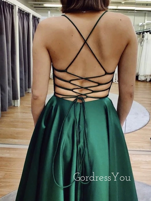 Sex Backless A-Line Satin V Neckline Long Evening Prom Dresses, Long Party prom dresses, MR7041