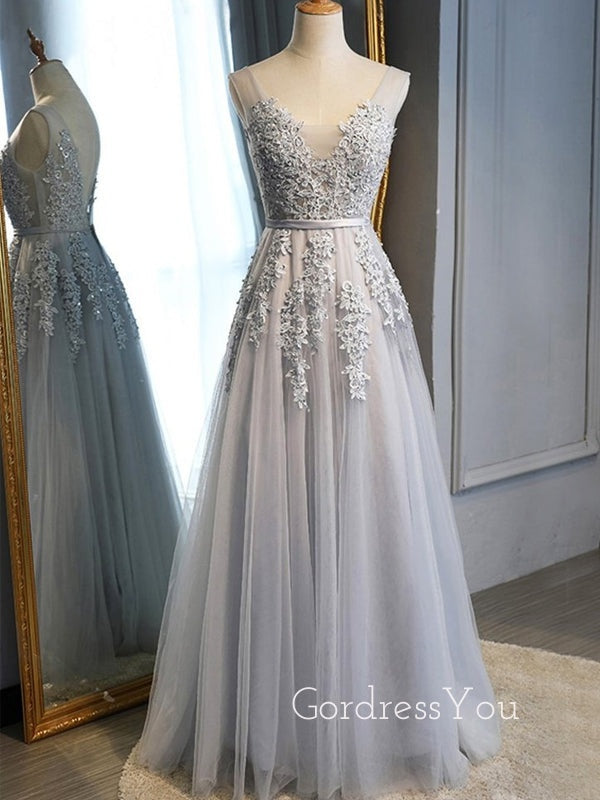 Lace Embroidery V-neck Tulle Floor Length Long Evening Prom Dresses, MR7042