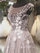 A-Line Lace Long Prom Dresses, Grey Lace Formal Evening Prom Dresses, MR7046