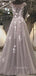 A-Line Lace Long Prom Dresses, Grey Lace Formal Evening Prom Dresses, MR7046