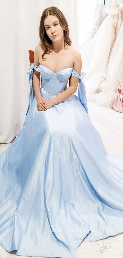 Off Shoulder A-Line Blue Long Evening Prom Dresses, MR7071