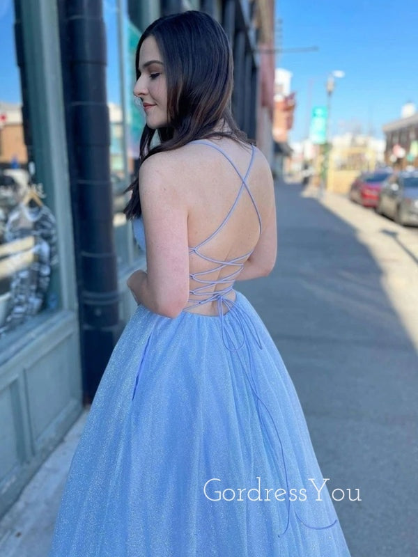 Affordable A-Line Blue Backless Long Evening Prom Dresses, MR7074