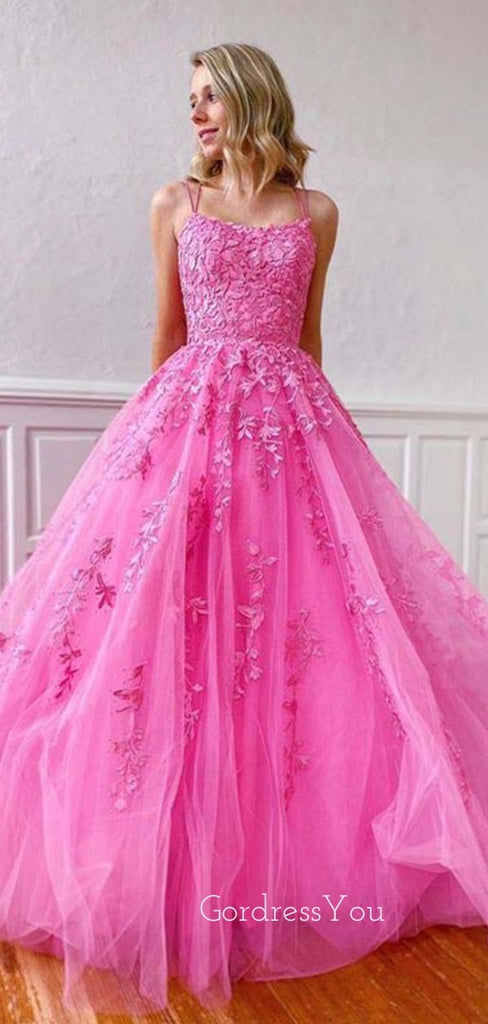 Lace Embroidery  Long Evening Prom Dresses, Cheap Tulle Sweet Prom Dresses, MR7075