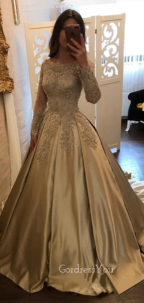 Off Shoulder A-Line With Long Sleeves Long Evening Prom Dresses, MR7079