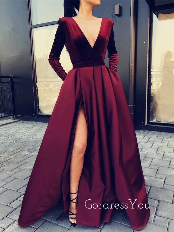 Sexy V Neck Long Sleeve Long Evening Prom dresses, MR7095