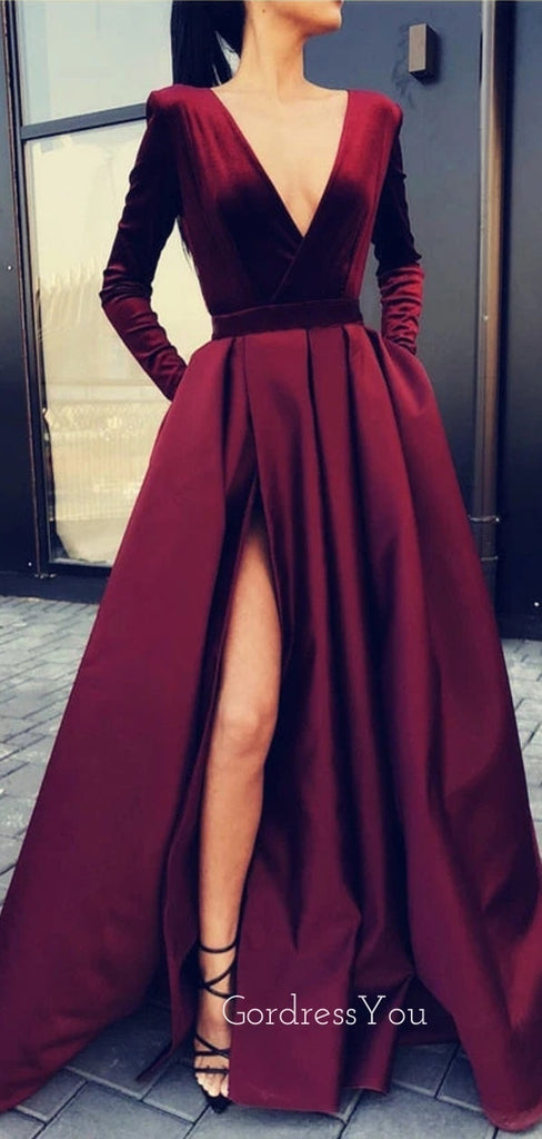 Sexy V Neck Long Sleeve Long Evening Prom dresses, MR7095