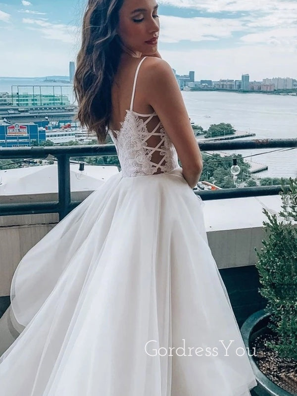 A-Line Long White Lace Evening Prom Dresses, Cheap Custom Wedding Dresses, MR7097