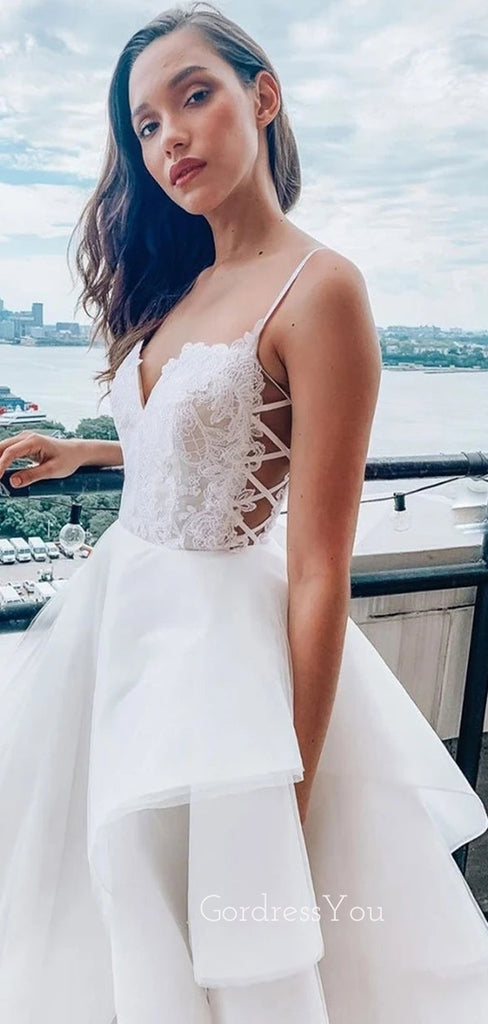 A-Line Long White Lace Evening Prom Dresses, Cheap Custom Wedding Dresses, MR7097