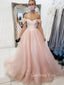 Off Shoulder A-Line Pink Long Evening Prom Dresses, Cheap Prom Dresses, MR7102