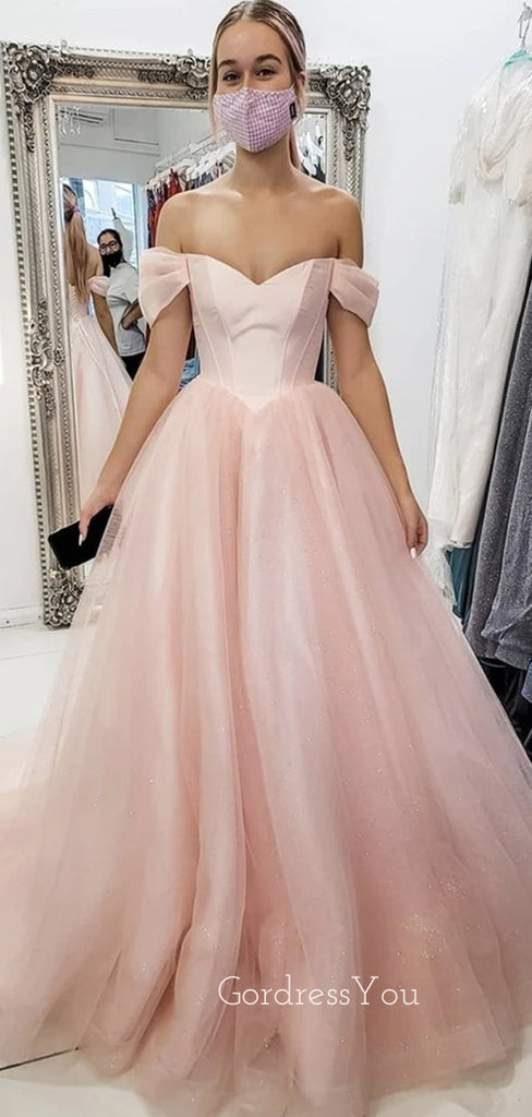 Off Shoulder A-Line Pink Long Evening Prom Dresses, Cheap Prom Dresses, MR7102