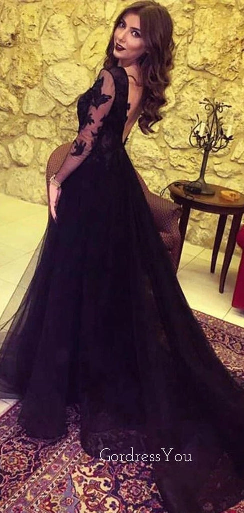 Sexy See Through Black Lace Long Sleeve A-Line Long Evening Prom Dresses, MR7103