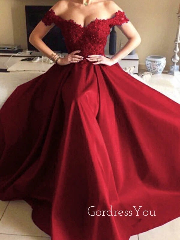 Off Shoulder A-Line Dark Red Long Evening Prom Dresses, MR7112