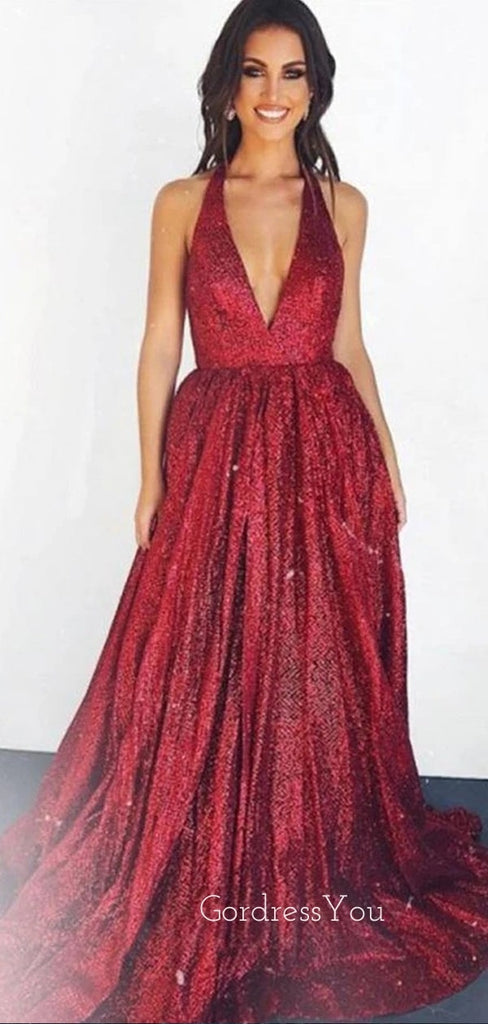 Sexy Deep V Neck Sparkle A-Line Long Evening Prom Dresses, MR7117