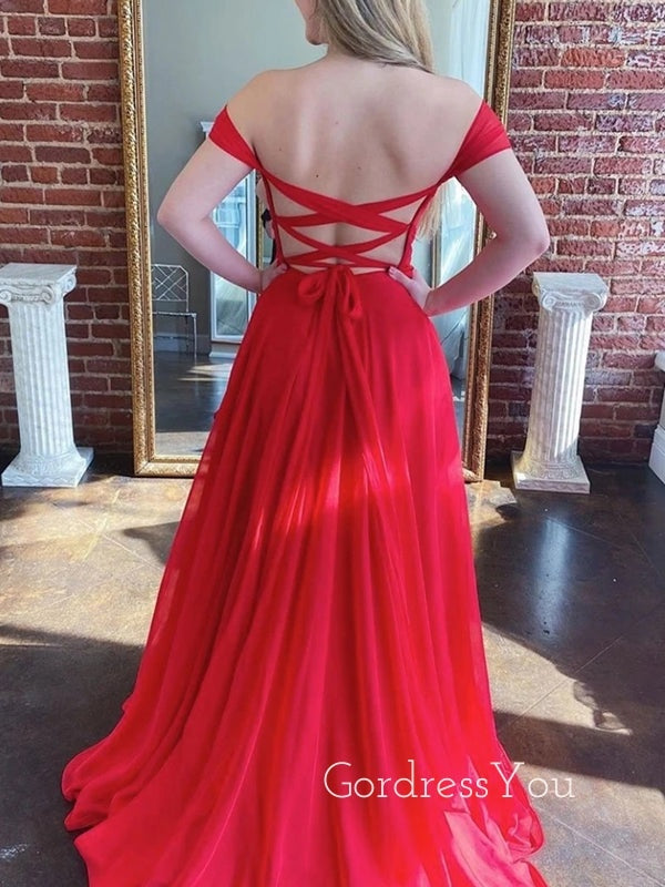 Off Shoulder Deep V Neck Red Chiffon Cheap Long Evening Prom Dresses, MR7119