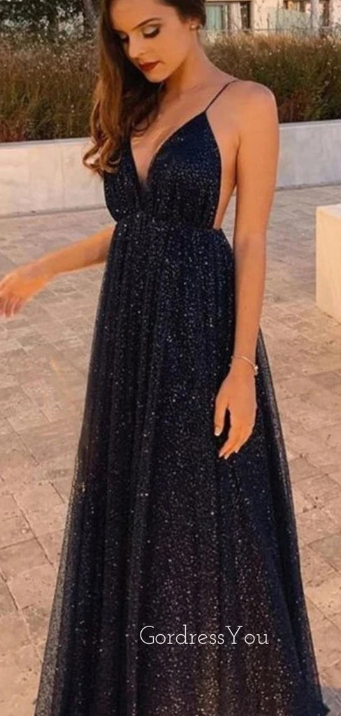 Sexy Backless Deep V neck Long Evening Prom Dresses, MR7123