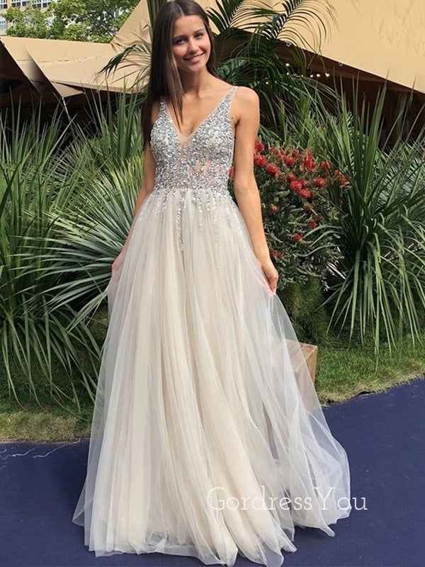 Sweetheart Beaded Deep V Neck Long Backless Evening Prom Dresses, Cheap Custom Prom Dresses, MR7127