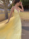 V-neck Lace Beaded A-line Yellow Long Evening Prom Dresses, MR7140