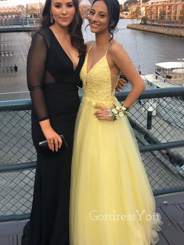 V-neck Lace Beaded A-line Yellow Long Evening Prom Dresses, MR7140