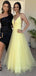 V-neck Lace Beaded A-line Yellow Long Evening Prom Dresses, MR7140