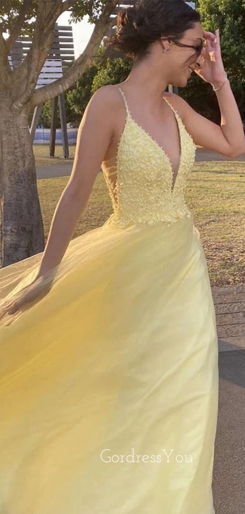 V-neck Lace Beaded A-line Yellow Long Evening Prom Dresses, MR7140