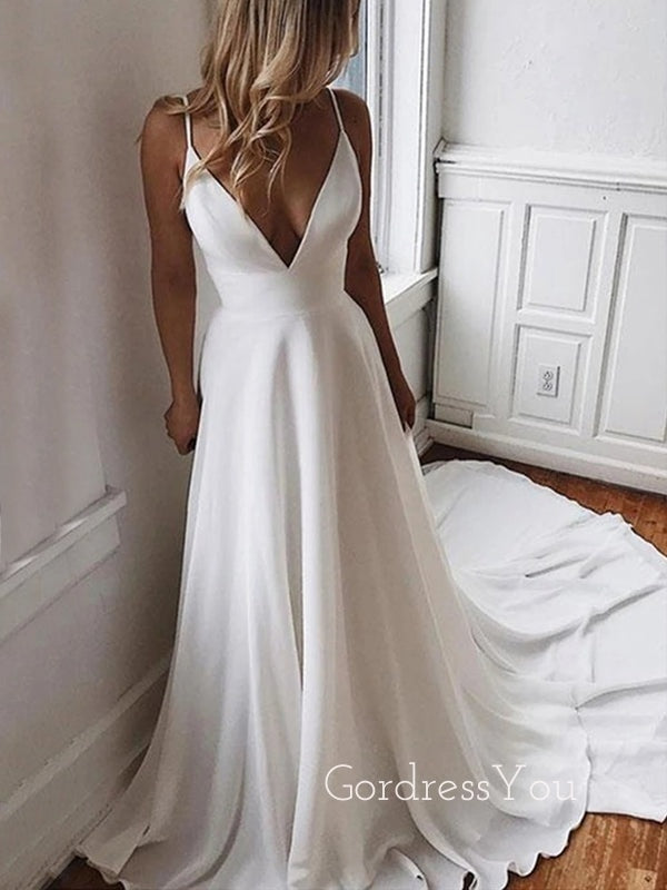 Sexy Deep V Neck White Chiffon Cheap Long Evening Prom Dresses, Beach Wedding dresses, MR7148