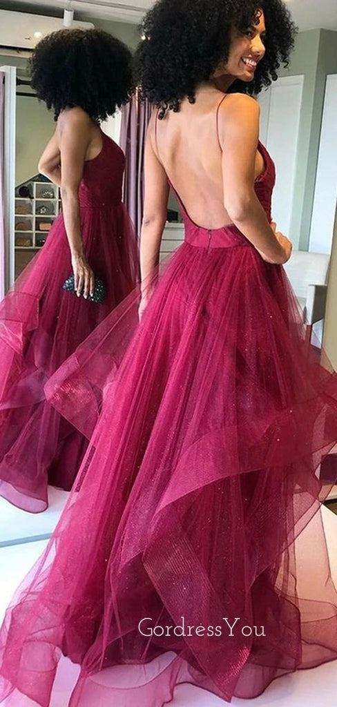 Sexy Backless Tulle A-line Burgundy Long Evening Prom Dresses, Cheap Custom Prom Dress, MR7158