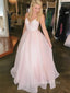 Spaghetti Straps A-Line Pink Backless Long V Neck Evening Prom Dresses, MR7062