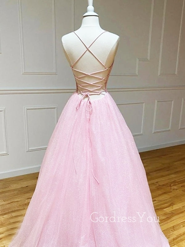 Spaghetti Straps A-Line Pink Backless Long V Neck Evening Prom Dresses, MR7062