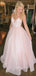 Spaghetti Straps A-Line Pink Backless Long V Neck Evening Prom Dresses, MR7062