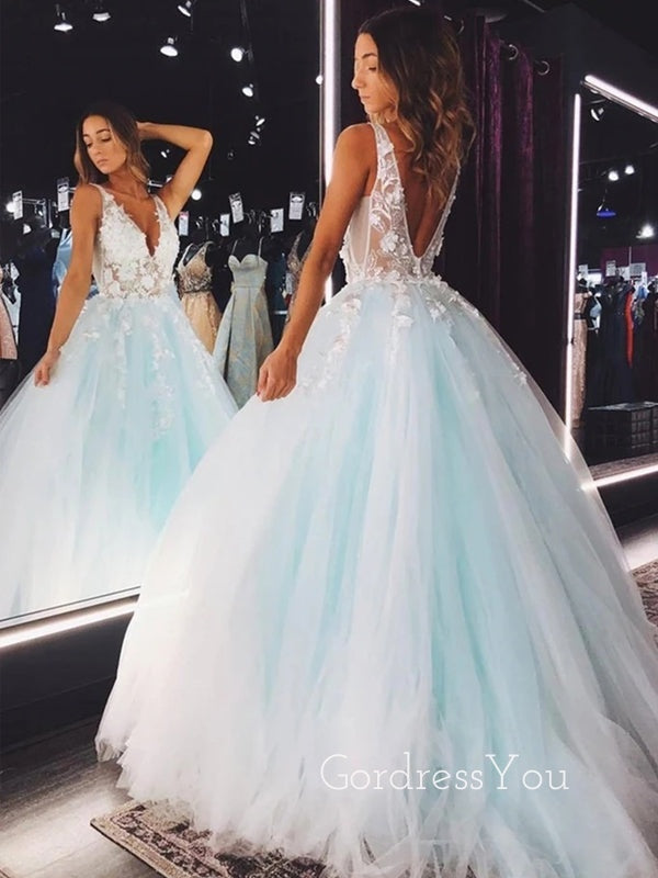 Deep V Neck Backless Lace Tulle Long Evening Prom Dresses, Cheap Sweet Prom Dresses, MR7171