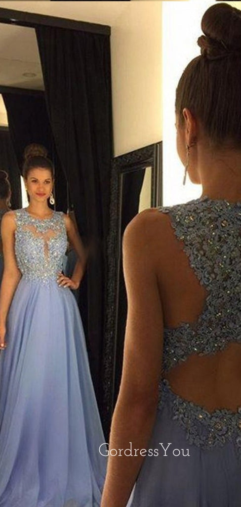 Dusty Blue Long Chiffon Evening Prom Dresses, Cheap Custom Sweet Prom Dresses, MR7179