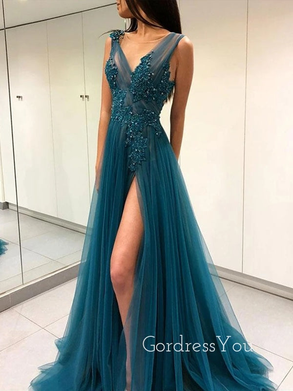 V Neck Beaded Dusty Blue Long Backless Evening Prom Dresses, Cheap Custom Prom Dresses, MR7182