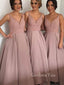 V Neck A-Line Lace Satin Long Evening Prom Dresses, MR7196