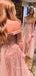 Off Shoulder Tulle Floor Length Dusty Pink Lace A-line Long Evening Prom Dresses, Cheap Prom Dress, MR7201