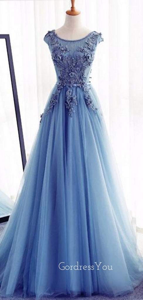 Sexy See Throuth Blue Lace Long Evening Prom Dresses, Cheap Sweet Prom Dresses, MR7204