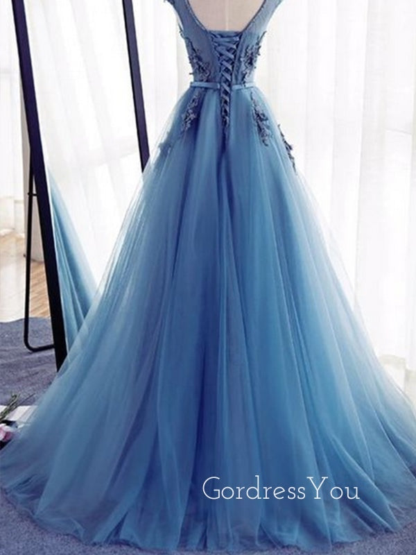 Sexy See Throuth Blue Lace Long Evening Prom Dresses, Cheap Sweet Prom Dresses, MR7204