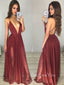 Simple Deep V Neck Backless Burgundy Chiffon Cheap Long Evening Prom Dresses, MR7205