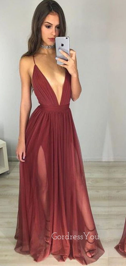 Simple Deep V Neck Backless Burgundy Chiffon Cheap Long Evening Prom Dresses, MR7205